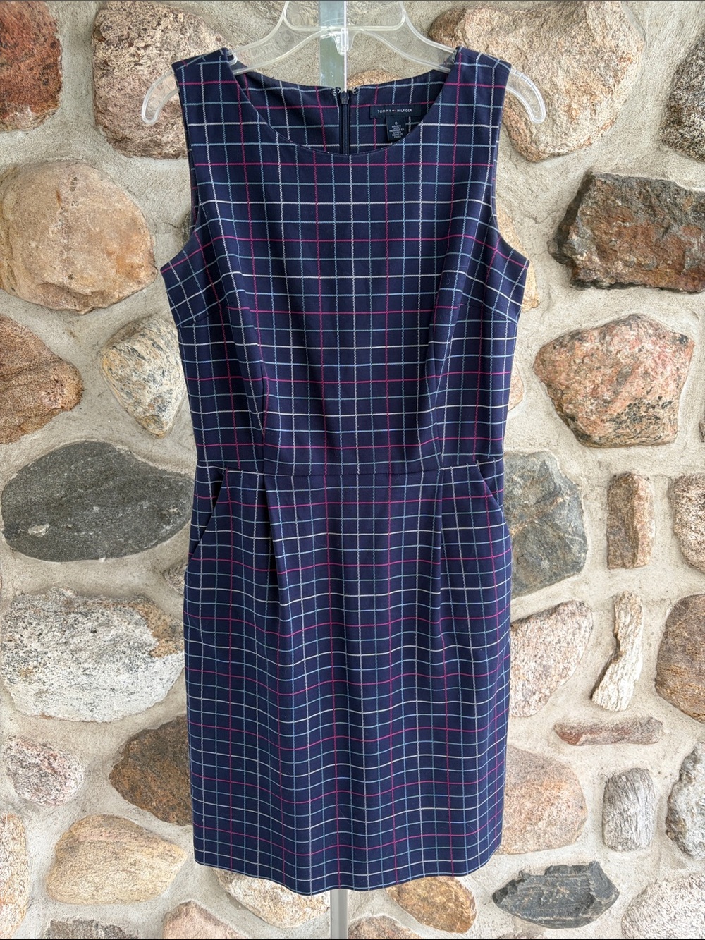 Tommy Hilfiger Navy Windowpane Sheath Dress with Pink Lines